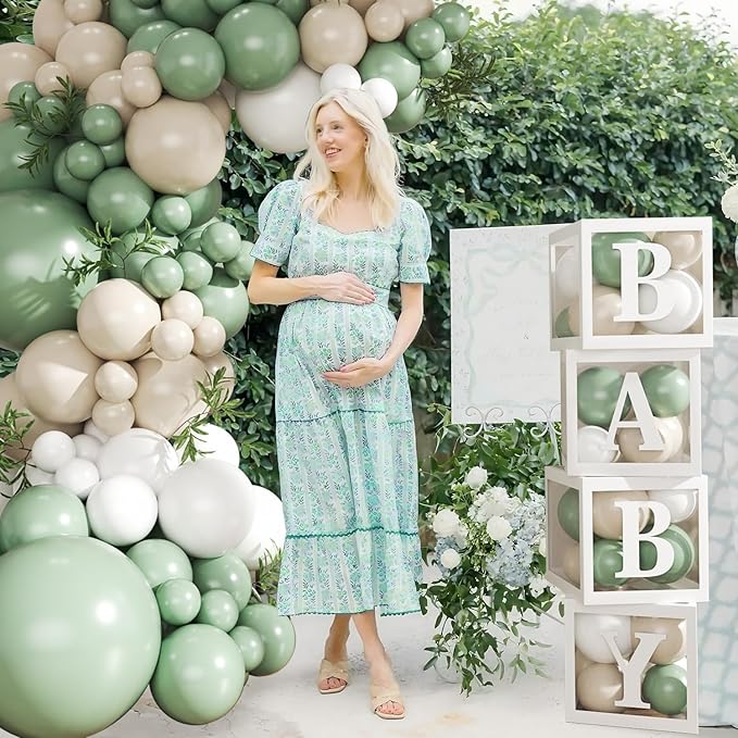 Sage Green White Balloon Baby Shower Decorations, 132Pcs Sage Green Balloon Arch Garland Kit Baby Box with Letters for Boy Girl Boho Baby Shower Gender Reveal Birthday Party Decorations