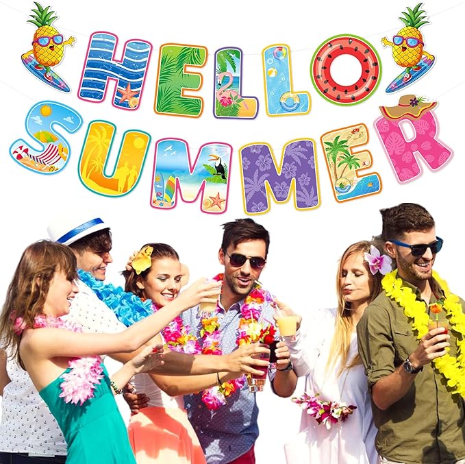 Hawaiian Luau Summer-Pool Party-Decorations Supplies - 10pcs Hello Banner,Outdoor Beach Theme Tissue Streamers Garland,Aloha Flamingo Hanging Swirl,Tropical Backdrop Office Tiki Decor Burgleda