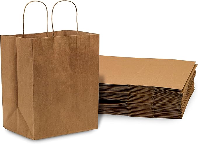 Prime Line Packaging Brown Paper Bags, Medium Shopping Bags with Handles for Small Business, To Go Food, Grocery, Retail, Party Favors, 10x6.75x12, 100 Pack