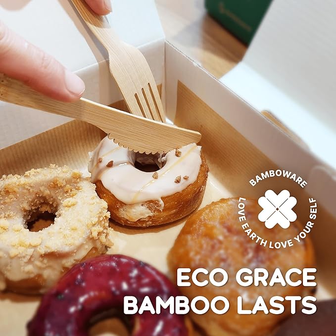 100% Bamboo Utensils - 360PCS Combo Pack Carbonized Disposable Cutlery Biodegradable and Sanitized - Heavy Duty & Fully Functional