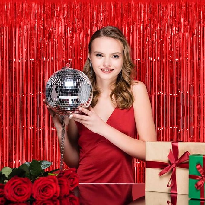 3 Pack Red Foil Fringe Curtains Backdrop, 3.28 x 8.2 Ft Metallic Streamers Tinsel Curtains Background for Photo Booth, Birthday, Halloween, Christmas, Thanksgiving, New Year Party Decorations