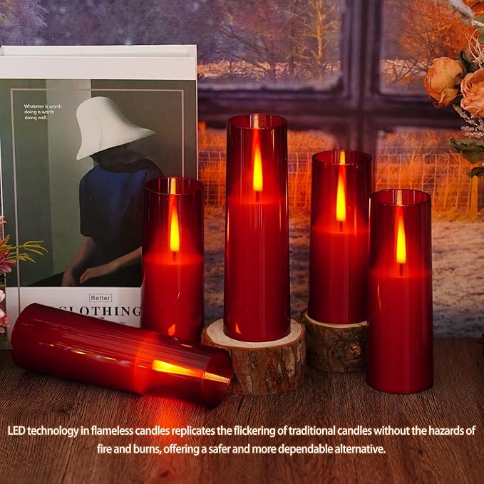 Flickering Flameless Candles,Battery Operated, Flameless Candles with Remote, 2/4/6/8 Hour Timer, Realistic Jumping Flame Effect, Perfect for Home Decor, Holiday Decoration Pcs 9 (Red)
