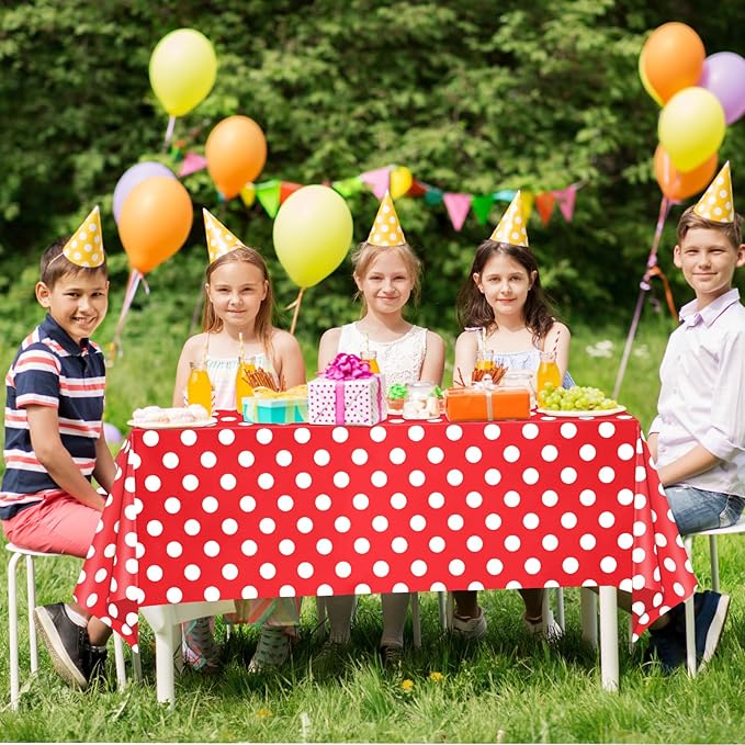 WNINK 2 Pack Red and White Polka Dot Tablecloths – Disposable Plastic Waterproof Table Cover, 54" x 108", for Birthday, Wedding, Bridal Shower, Bachelor Party, and Picnic