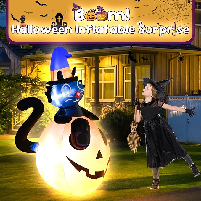 4FT Halloween Black Cat Pumpkin Inflatable Decoration Blow up Decoration with LED Lights Indoor Outdoor Yard Party Holiday Graden Decor