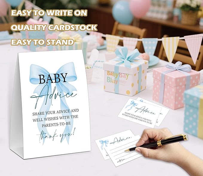 Blue Bow Baby Shower Advice for Parents To Be, Baby Shower Game, Include One 5×7 Sign and 50 Advice Cards, Blue Coquette Bow Gender Reveal Party Decoration Supplies - FH02