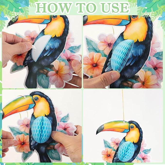 PAPER JAZZ Tropical Toucan Hibiscus Party Decorations, Hawaiian Jungle Theme Supplies, Yellow Pink Hanging Ornaments for Luau Tiki Party