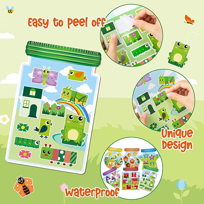 CY2SIDE Summer Bugs Sorting Stickers Scene - 12 Set Cute Insect Sorting Art Craft for Kids Make A Bug Jar Stickers Scene with Butterfly Bee Flower DIY Summer Party Games Class Activities