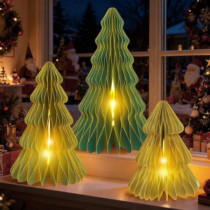 5Pcs Large Green Christmas Table Decorations Paper Christmas Trees, Light Up Honeycomb Xmas Tree Centerpieces for Tables, Christmas Frozen Winter Wonderland Party Vintage Home Decor, 12/14/16 Inch