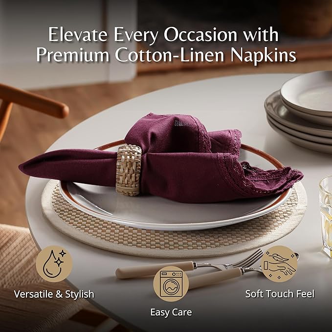 Ramanta Home Linen Flax Cloth Napkins Set of 24 | 18x18 Inch | Premium Cotton Linen Flax Lace Soft & Durable | Washable Ideal for Everyday Use Parties Thanksgiving Christmas Halloween Burgundy