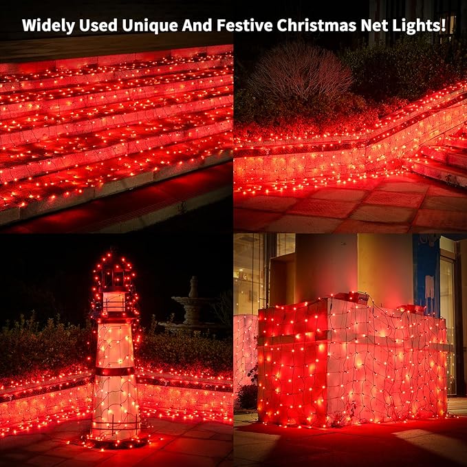 Led Christmas Net Lights Red Outdoor Christmas Lights 160LED 5ftx7ft, Waterproof Outdoor Indoor Fairy Mesh Net Light for Xmas Party, Yard, Patio, Trees, Shrubs, Bushes Decorations