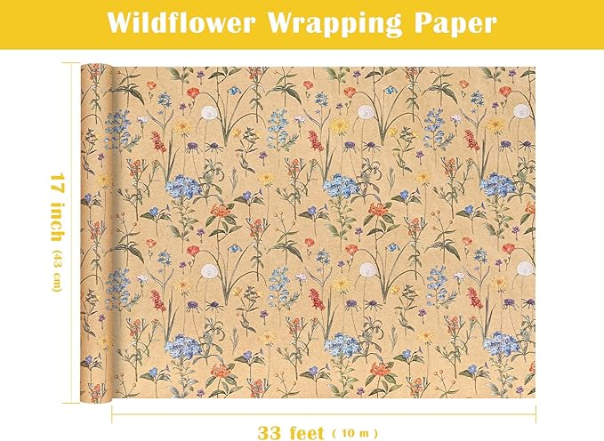 WRAPAHOLIC Kraft Floral Wrapping Paper Roll - Mini Roll - 17 Inch x 33 Feet - Wildflower Wrapping Paper Perfect for Girls Women Birthday, Wedding, Bridal Shower