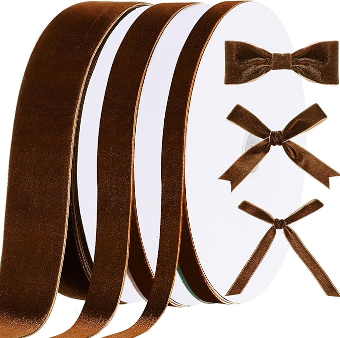 Yilloog 90 Yards Christmas Velvet Ribbon Vintage Satin Fabric Velvet Ribbon Roll for Christmas Tree Ornaments Decoration Gift Wrapping Bow DIY Crafts(Brown,3/8 Inch/ 1 Inch/ 2 Inch)