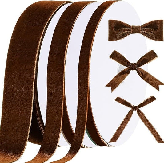 Yilloog 90 Yards Christmas Velvet Ribbon Vintage Satin Fabric Velvet Ribbon Roll for Christmas Tree Ornaments Decoration Gift Wrapping Bow DIY Crafts(Brown,3/8 Inch/ 1 Inch/ 2 Inch)