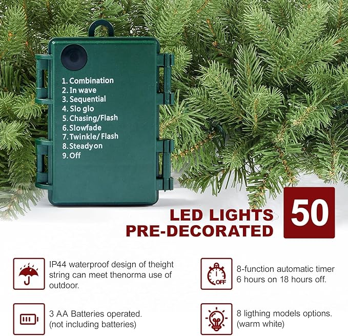 9FT Pre-Lit Artificial Christmas Garland with 50 LED Light Battery Operated, Holiday Decorations with 300 Tip Branch, for Indoor Door Home Stairs Fireplaces Wall