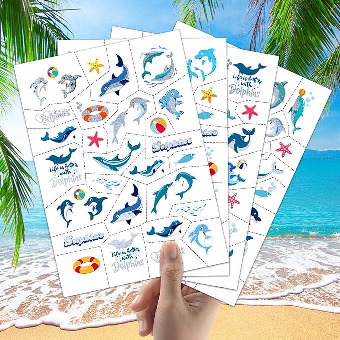 Dolphin Temporary Tattoos for Kids-100+ Glitter Style Underwater Animals Cute Fake Tattoo Waterproof for Girls Boys Body Face Tattoos Stickers Beach Ocean Party Favors Decorations