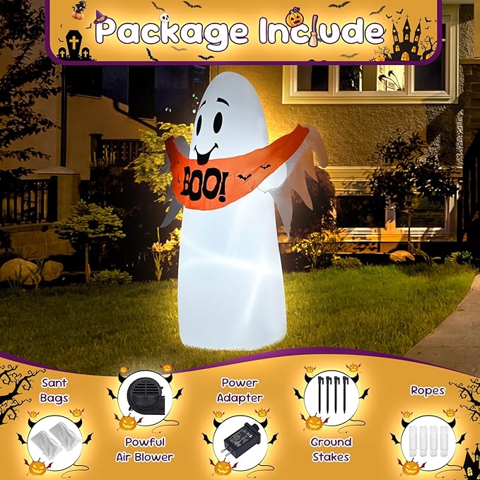 4FT White Ghost Holding a Boo Banner Halloween Inflatable Decoration Blow up Decor with LED Lights Indoor Outdoor Yard Graden Party Holiday Decor