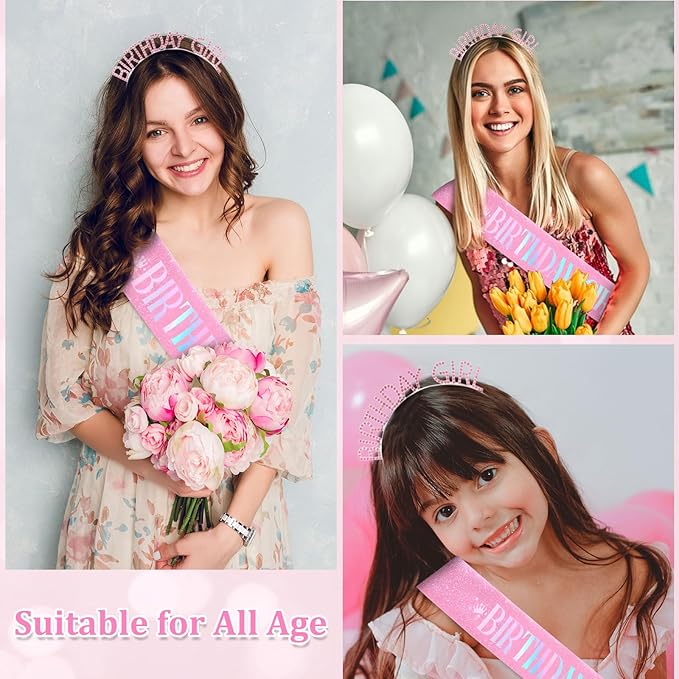 CAVETEE Birthday Girl Crown and Sash， Princess Tiara Happy Birthday Headband Party Accessories for Women and Girls