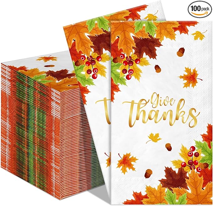100Pcs Thanksgiving Napkins 3-Ply Disposable Fall Guest Paper Napkins for Thanksgiving Harvest Holiday Party,Give Thanks Autumn Maple Leaves Hand Paper Towels for Bathroom Kitchen Dinner Home Supplies