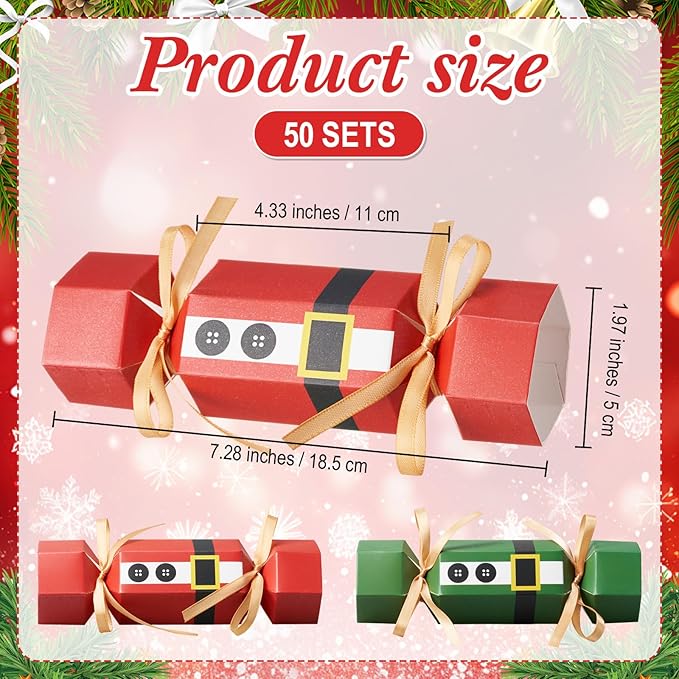Xinnun 50 Packs Christmas Cracker Kit No Snap Xmas Party Table Favors Snowflake Reindeer DIY Christmas Party Cracker Candy Boxes for Holiday Dinner Decoration Gift(Belt Style)