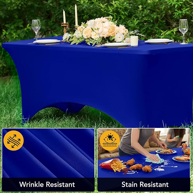 6-Pack Premium Royal Blue Spandex Tablecloths for 4ft Rectangle Tables, Stain & Wrinkle-Resistant, Washable Stretch Polyester Fitted Table Cover for Weddings, Banquets, Trade Shows Events