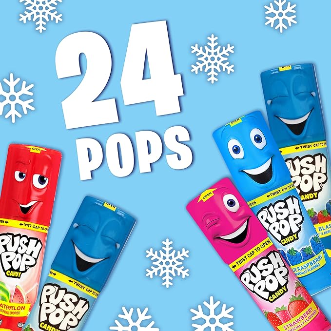 Push Pop Christmas Candy Variety Pack, 24Ct Bulk Individually Wrapped Lollipops for Party Favors, Assorted Flavors, Full Size, Fun Hard Candy For Birthdays, Holiday Parties, Stocking Stuffers, Gifts