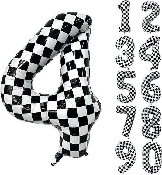 40 Inch Checkered Number Balloon 4 Black and White Number 4 Balloon Foil Helium Balloons for Birthday Party Decoration Girls Boys Baby Shower Anniversary Decoration Race Car Party Decoration