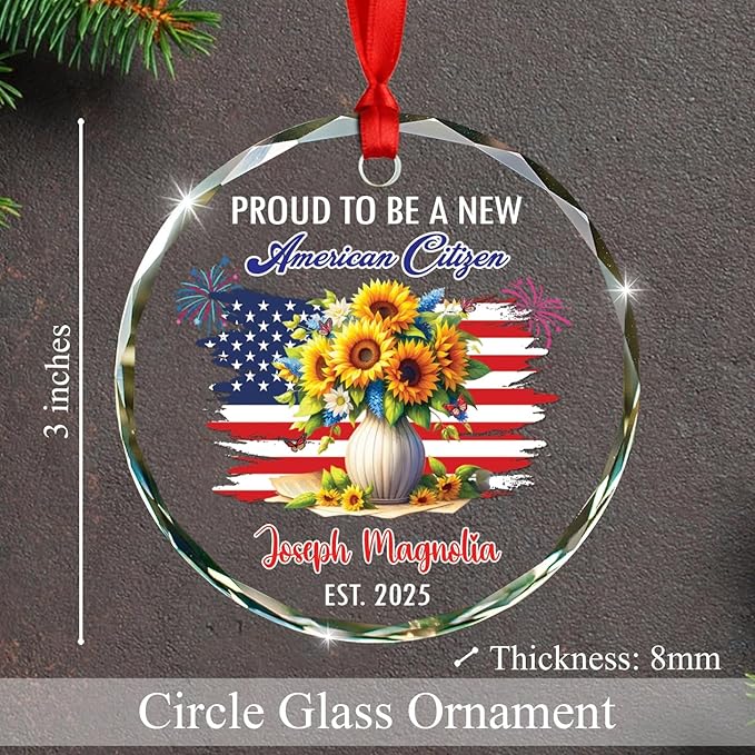 Proud to Be A New American Citizen Glass Christmas Ornament 2025, Custom USA Flag Xmas Ornament Gift for Grandma Wife Mom Immigrants Naturalization, Personalized Name USA Citizenship Decor Ornaments