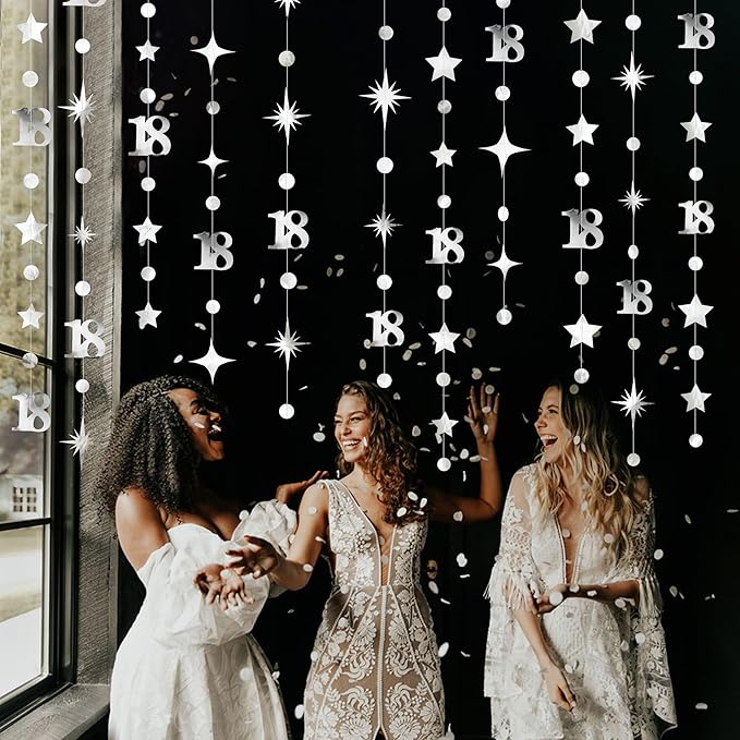 Silver 18th Birthday Decorations Number 18 Circle Dot Twinkle Star Garland Metallic Streamer Banner Backdrop for Girls Boys Happy 18th Birthday Time to Adult Cheers to 18 Years Old Anniversary Party