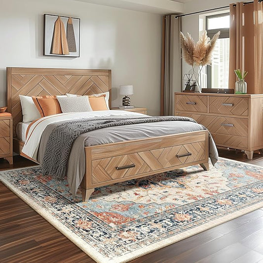Area Rugs 7'x9' Washable Non-Slip, Floral Vintage Distress Print Pattern Medallion Carpet for Living Room Bedroom Dining Room, Beige Navy Blue Orange Colorful