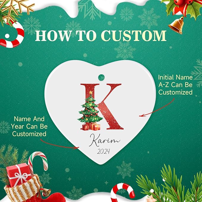 Letter Name Ornaments, Personalized Christmas Ornaments, Custom Initials Ornaments A-Z Monogram Ceramics Name Christmas Decorations