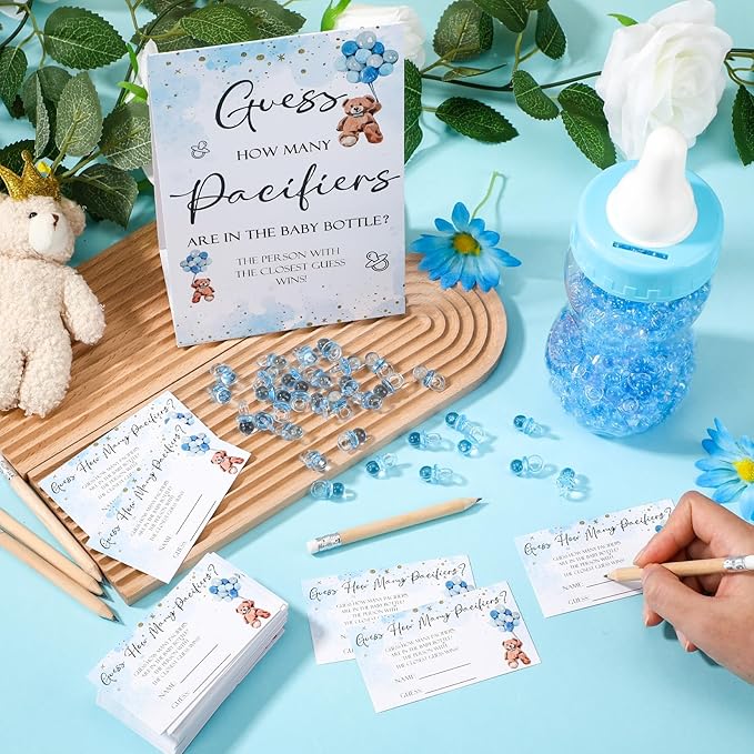 Roowest 512 Pcs Baby Shower Games Guess How Many Pacifiers Sign 100 Small Guessing Games 10 HB Pencils 750ml Milk Bottle 400 Acrylic Pacifiers Decoration for Guest Gender Reveal(Blue,Bear)