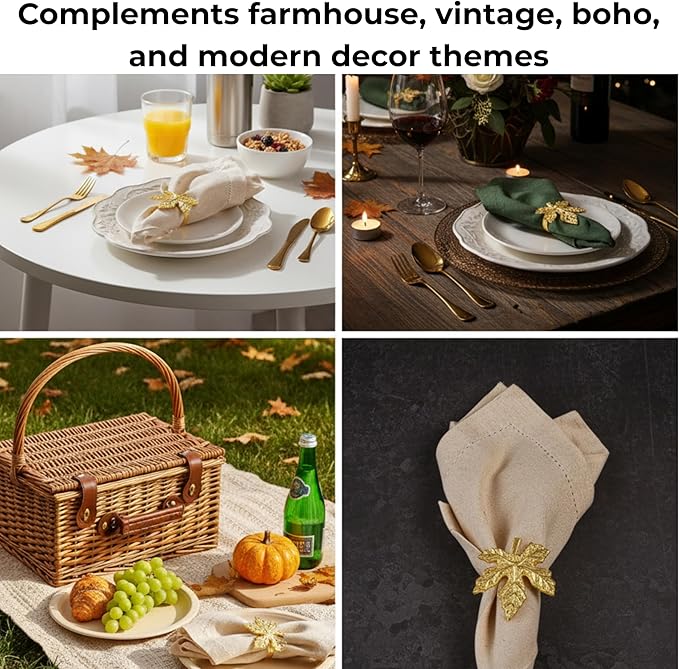 Elegant Handcrafted Leaf Napkin Rings - Set of 12 Premium Aluminum Holders for Dinner Parties, Weddings, Special Occasions & Everyday Dining (Gold) - CLEENTABLE