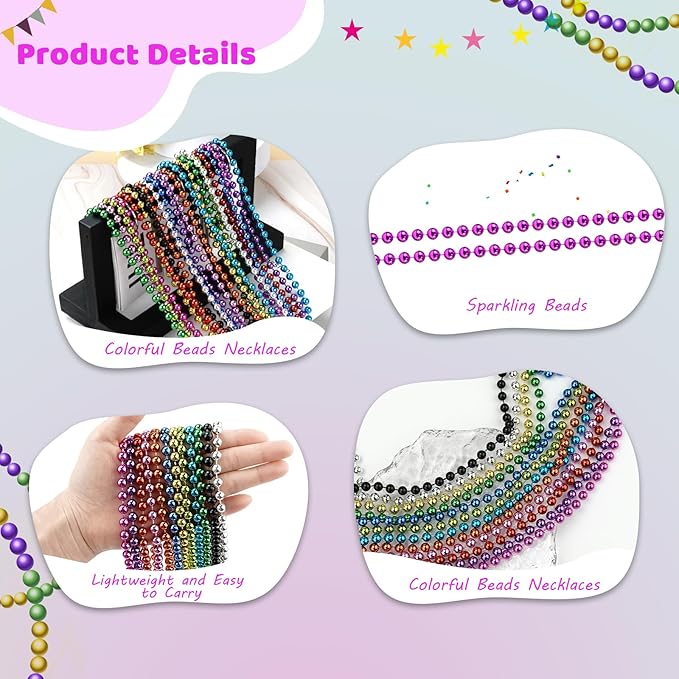 24 PCS Hot Pink Beads Necklaces, 33‘’ Pink Mardi Gras Beads, Round Cancer Beaded Necklace, Party Necklace for Mardi Gras, Christmas, Valentine's Day Party Favors