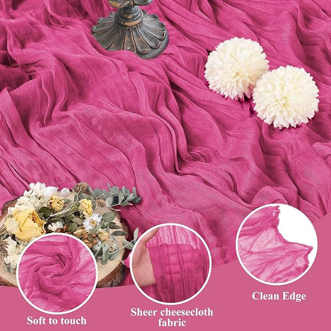 Asee'm 3pcs Cheesecloth Table Runner 120 Inches Long Deep Pink Boho Gauze Cheese Cloth Runner 10FT Rustic Sheer Table Runners for Christmas Wedding Party Baby Shower Spring Easter Decoration