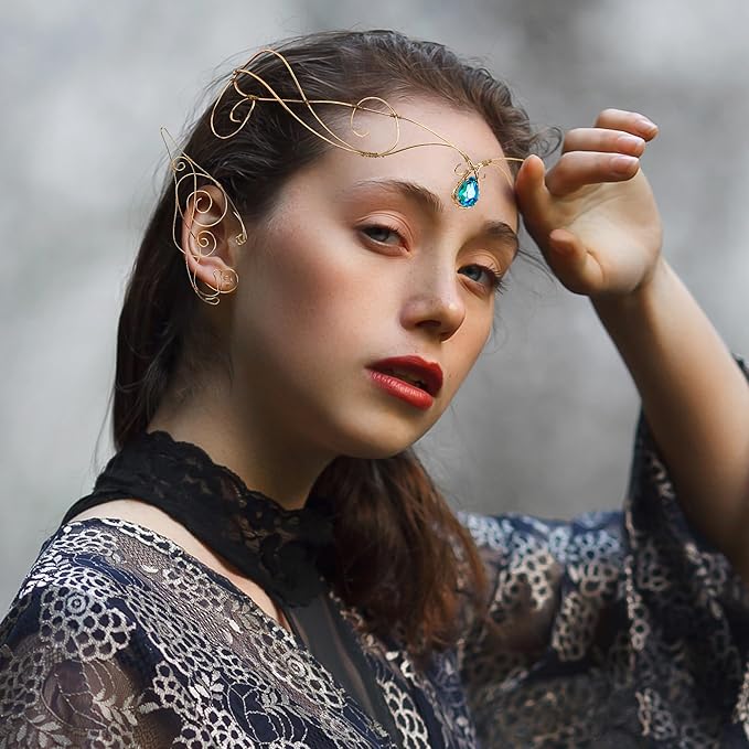 Renaissance Fairy Tale Costume Set - Elf Ear Cuff Earrings Decorative Medieval Fairy Winding Tiara Crown for Cosplay