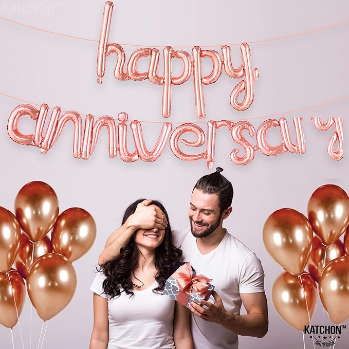 KatchOn, RoseGold Anniversary Balloons & Banner - 16 Inch | Foil Balloons, Party Decorations
