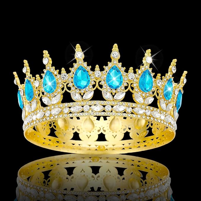 Queen Rhinestone Wedding & Bridal Crowns - Gold & Light Blue Tiaras for Women's Costume Party & Princess Birthday Accessories
