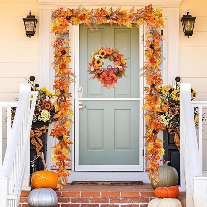 6ft Fall Maple Leaves Garland with Fern, Willow Stems, Berry, Pumpkins, pinecones. Artificial Autumn Harvest Garland for Festivals, Thanksgiving, Halloween, Fireplace Porch Indoor Outdoor Decoration