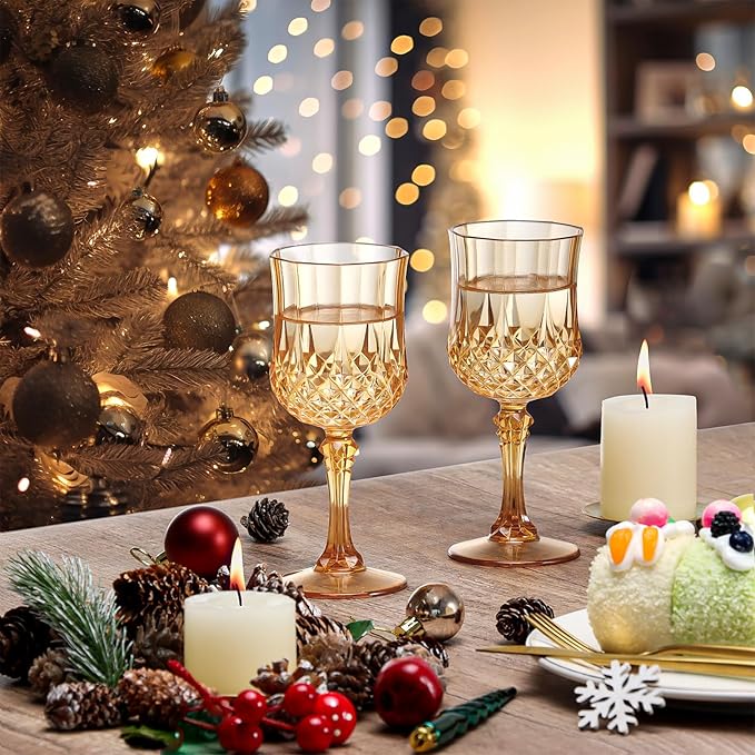 XUWAIDSGN 24 Pcs 7oz Plastic Vintage Wine Glasses Drinking Glasses Unbreakable Wedding Glassware Crystal Water Goblets Reusable Drinkware Vintage Champagne Flutes (24, Amber)
