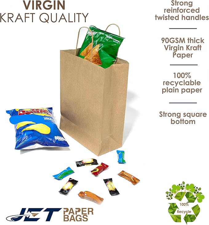 JET PAPER BAGS - 8”x4”x9” Inch [250 Pcs] Brown Paper Bags with Handles Prime for Takeout, Grocery, Goody, Retail, Party, Gifts, Weddings - Recyclable Kraft Paper Gift Bags with Handles