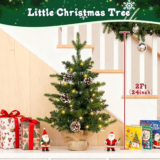 Joyhalo 2ft Small Christmas Tree with Lights Warm White, Pre Lit Table Top Christmas Tree, 61 Branches Mini Xmas Tree with Pine Cones for Room Office Classroom Decoration