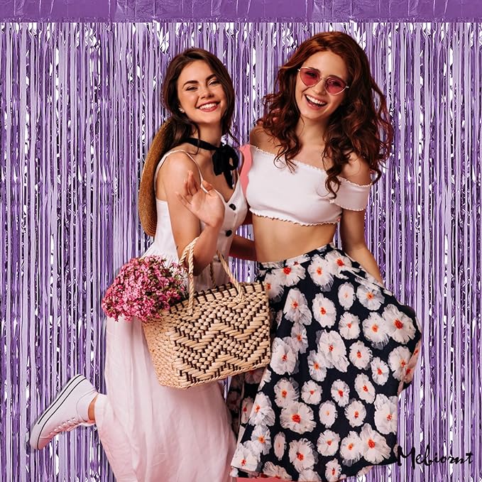 4 Pack Light Purple Fringe Curtain Backdrop, 3.2Ft x 9.8Ft Metallic Tinsel Foil Fringe Streamers Background for Photo Booth Birthday Wedding Baby Shower Carnival Easter Mother’s Day Party Decorations