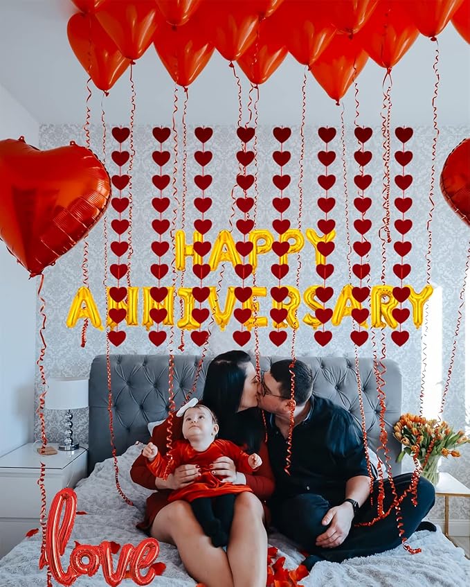 Anniversary Decorations, Happy Anniversary Banner, Red Felt Garland Hanging String Hearts, Heart Balloons, Love Balloon, Red Silk Rose Petals for Wedding Bridal Shower Bachelorette Party Decorations