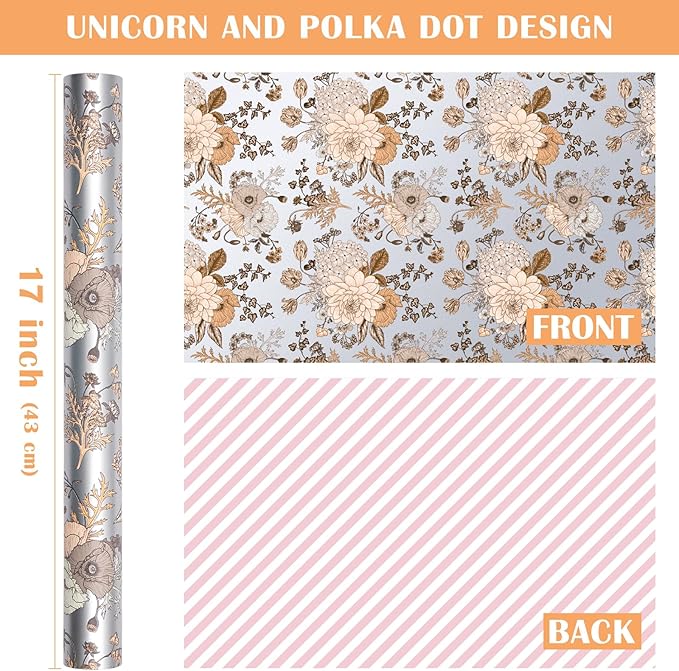 WRAPAHOLIC Reversible Floral Wrapping Paper - Mini Roll - 17 Inch X 33 Feet - Pearlized Silver Vintage Floral Wedding Wrapping Paper for Birthday, Bridal Shower, Baby Shower