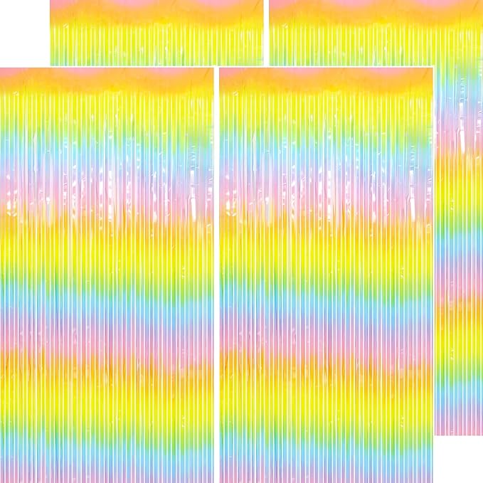 Pastel Rainbow Streamers - Thicken 4 Pack 3.2 x 8.2 FT - Pastel Rainbow Foil Fringe Curtains, Pastel Backdrop for Birthday, Baby Shower, Easter, Spring Party Decorations