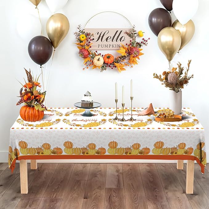 ATFUNSHOP Thanksgiving Tablecloth 2 Pack 54" X 108" Disposable Fall Table Cover Party Supplies Pumpkins Autumn Leaves Water Proof Plastic Table Cloth for Thanksgiving Decoration Dinner Party
