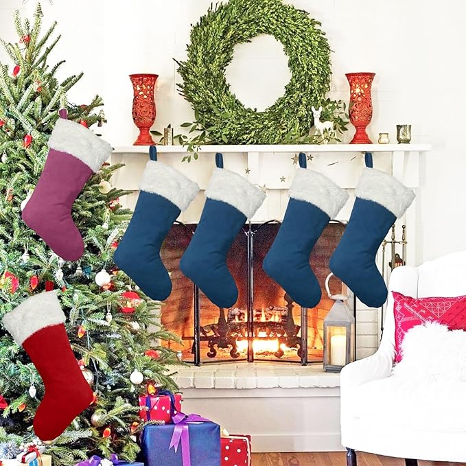 6Pack Christmas Stockings 20 Inch Plush Xmas Stocking for Family Holiday Party Décor and Xmas Tree Fireplace Decor(6, Navy Blue-Large)