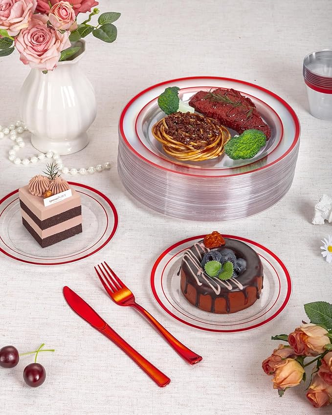 Goodluck 350 Piece Red Plastic Plates, Clear Plastic Silverware Disposable Plates Set, Include 100Plates, 50Pack Pre Rolled Napkins with Silverware, 50Cups for Party, Wedding, Graduation