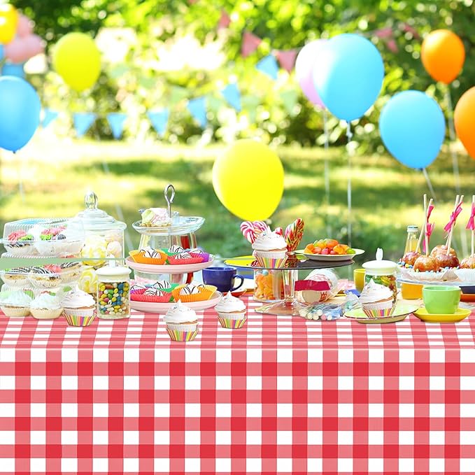 WNINK 6 Pack Red Gingham Tablecloth Rectangular Red and White Checkered Tablecloths Disposable Plastic Red Plaid Table Cover for Parties, Christmas, Outdoor Picnic, Birthday, Wedding, Camping 54 × 108