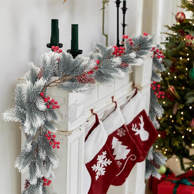 RECUTMS Evergreen Pine Needle Vine Red Berry Christmas Fireplace Decor Winter Berry Garland Pinecones for Crafts Christmas Picks Faux Garland Ideal for Living Room and Corridor Seasonal Decor(White)